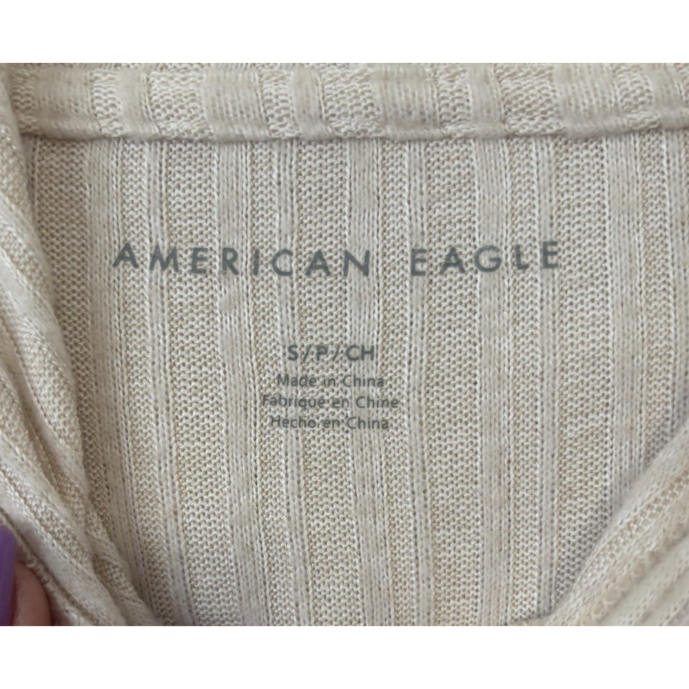 American Eagle Soft Hoodie Ribbed Knit Hoodie Beige Oversized Slouchy Pullover S - Picture 5 of 6